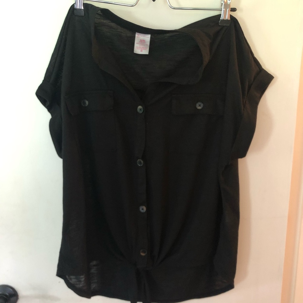 Black button down tie front shirt